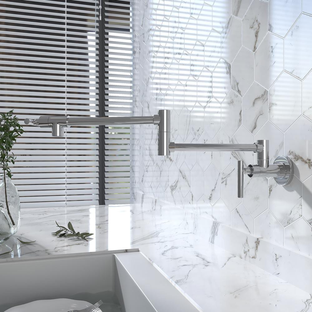 Polished Chrome Wall-Mounted Pot Filler Faucet with Double Joint Swing Arm