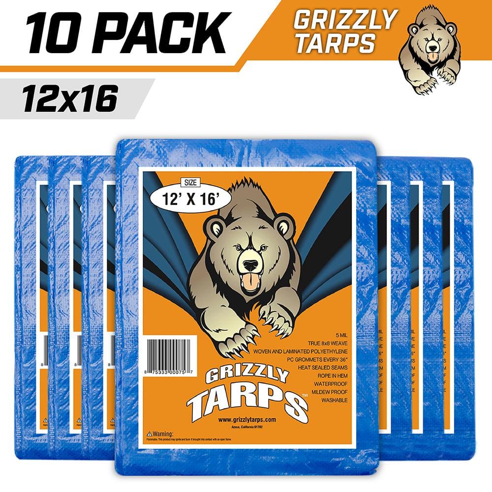 B Air Grizzly 12 Ft X 16 Ft Blue Polyethylene Multi Purpose Waterproof Tarp 10 Pack Ba Gt Bl The Home Depot