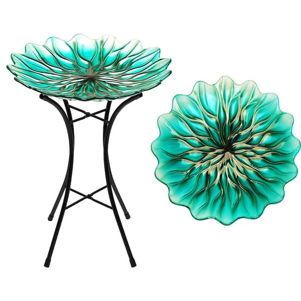 G128 19 inch Teal Flower Design Glass Bird Bath with Metal Stand