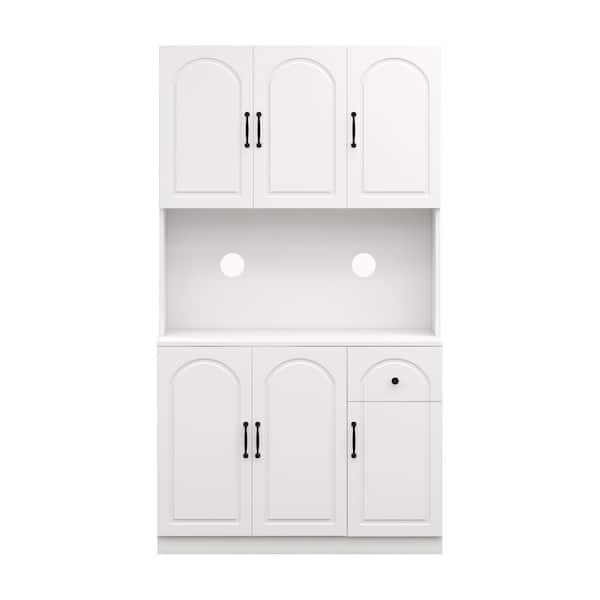 Tileon White Kitchen Pantry Storage Cabinet with Microwave Oven Countertop, Freestanding Hutch Cabinet with Adjustable Shelves