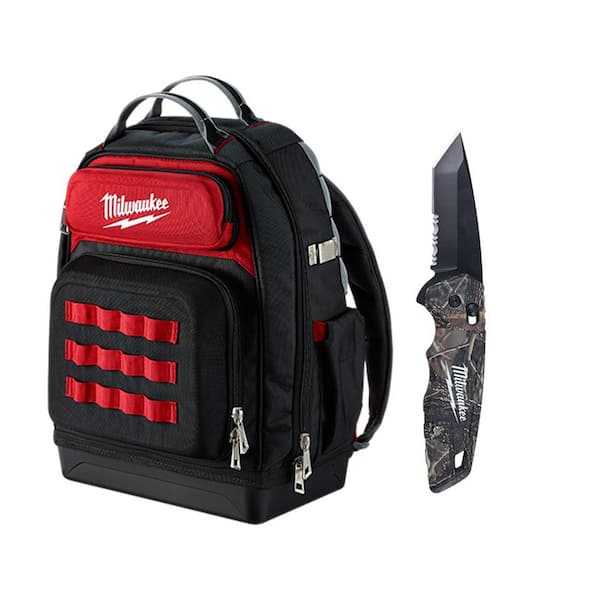 Milwaukee 15 in. Ultimate Jobsite Backpack with FASTBACK Camo Stainless Steel Spring Assisted Folding Knife (2-Piece)