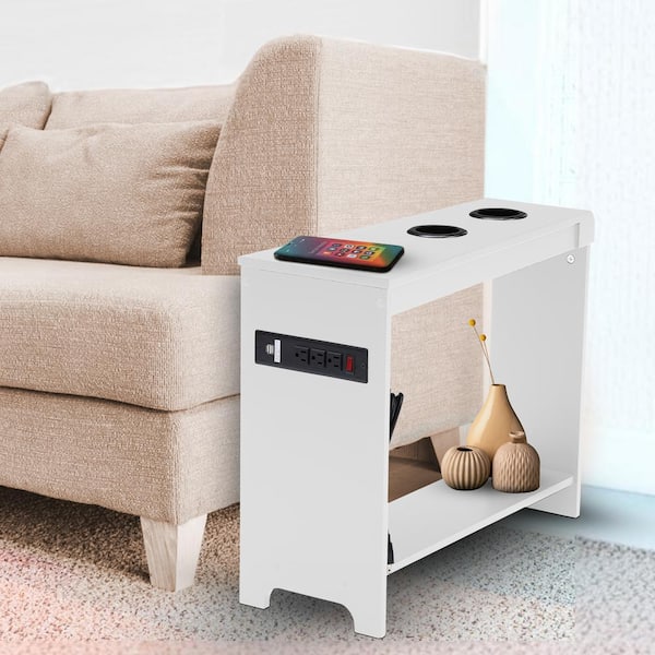 HOMESTOCK White End Table With Charging Station, USB Ports and Outlets, Narrow Side Table, Chair Side Table Bed Side Nightstand