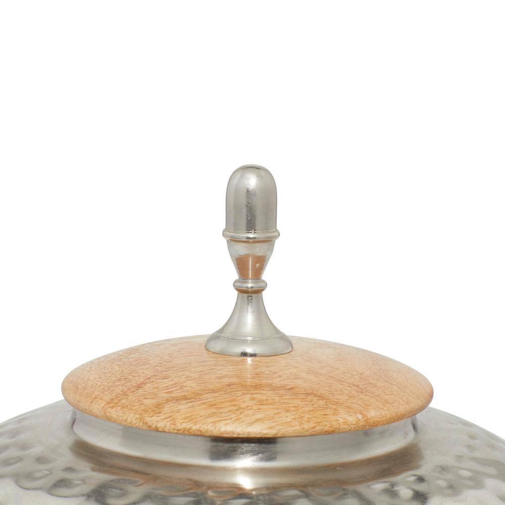 Silver Hammered Metal Decorative Jar with Wood Lid
