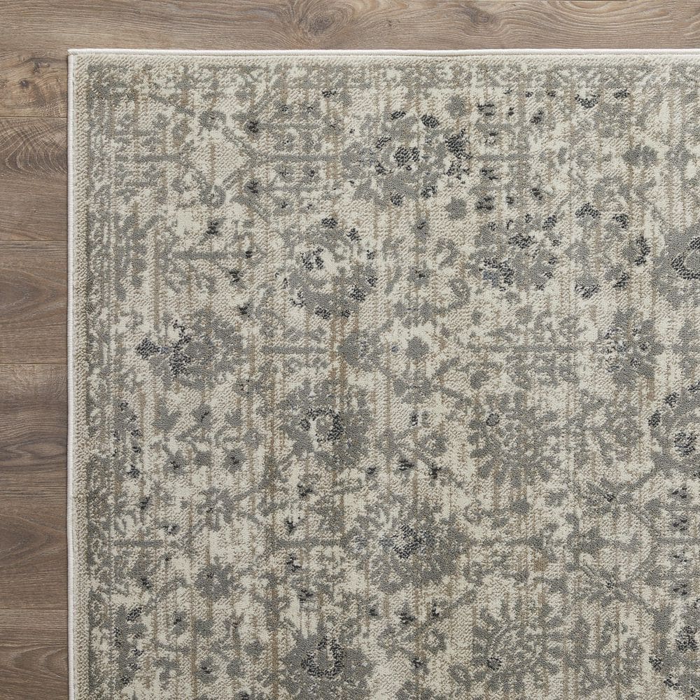 Ivory and Gray Floral Synthetic 5' x 7' Area Rug