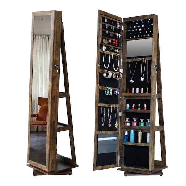 Antique Gray Full-Length Mirror 360° Swivel Storage Jewelry Box, Armoire Organizer Storage Jewelry Box with Base