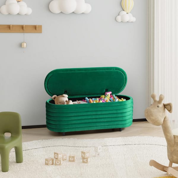 Farrah 42 in. Wide Oval Velvet Upholstered Entryway Flip Top Storage Bedroom Accent Bench in Green