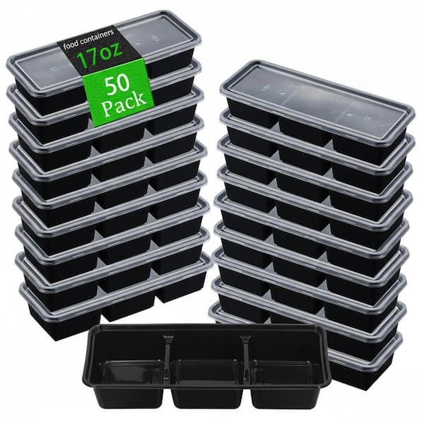 Food Grade Plastic Disposable Bento Box Containers with Lids 3 Compartments Microwave Safe 50 Pack