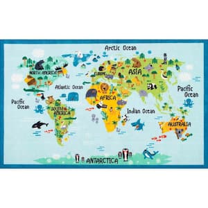 Animal World Map Playmat Baby Blue 5 ft. x 7 ft. Area Rug