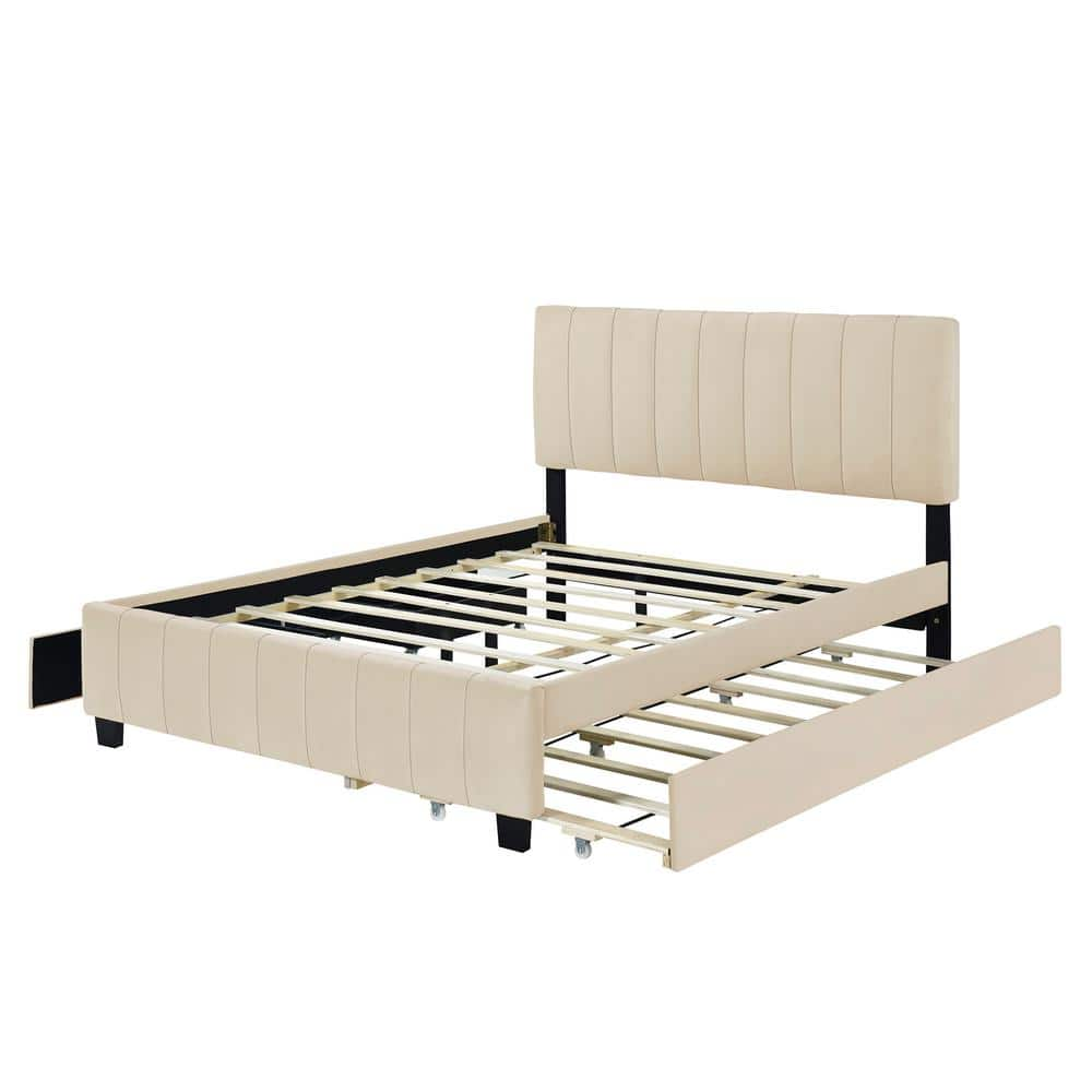 URTR Beige Wood Frame Queen Size Velvet Upholstered Platform Bed with 2 Storage Drawers and 1 Twin XL Trundle