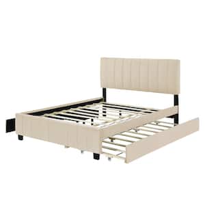 Beige Wood Frame Queen Size Velvet Upholstered Platform Bed with 2 Storage Drawers and 1 Twin XL Trundle