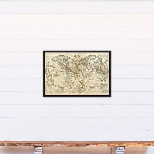 DESIGNS DIRECT 20 in. x 30 in. ''Distressed Vintage Hemispheres'' Printed Framed Canvas Wall Art