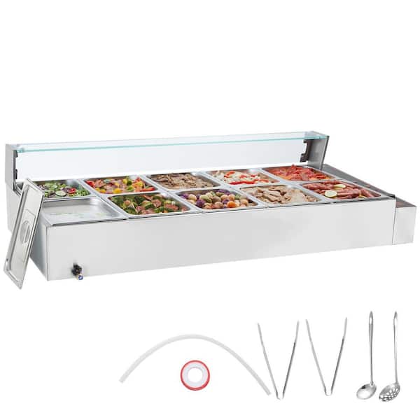 VEVOR 10-Pan Commercial Food Warmer, 10 x 8 qt. Electric Steam Table Glass Cover 1700-Watt Countertop Stainless Steel Buffet