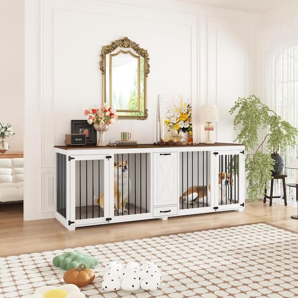 FUFU&GAGA Indestructible Dog Cage, End Table with 2 Rooms Design and 1 Dog Food Container, Large Dog Crate with Feeding Area