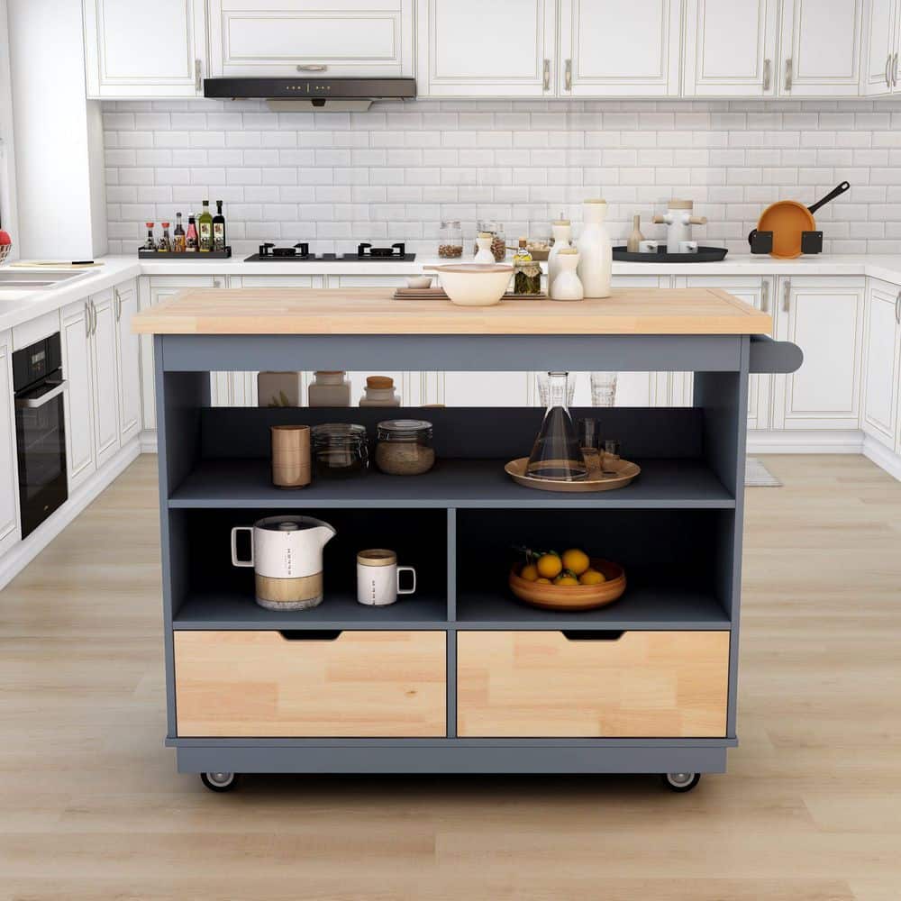 Grey Blue Rubber Wood Kitchen Cart with Spice Rack and Towel Rack