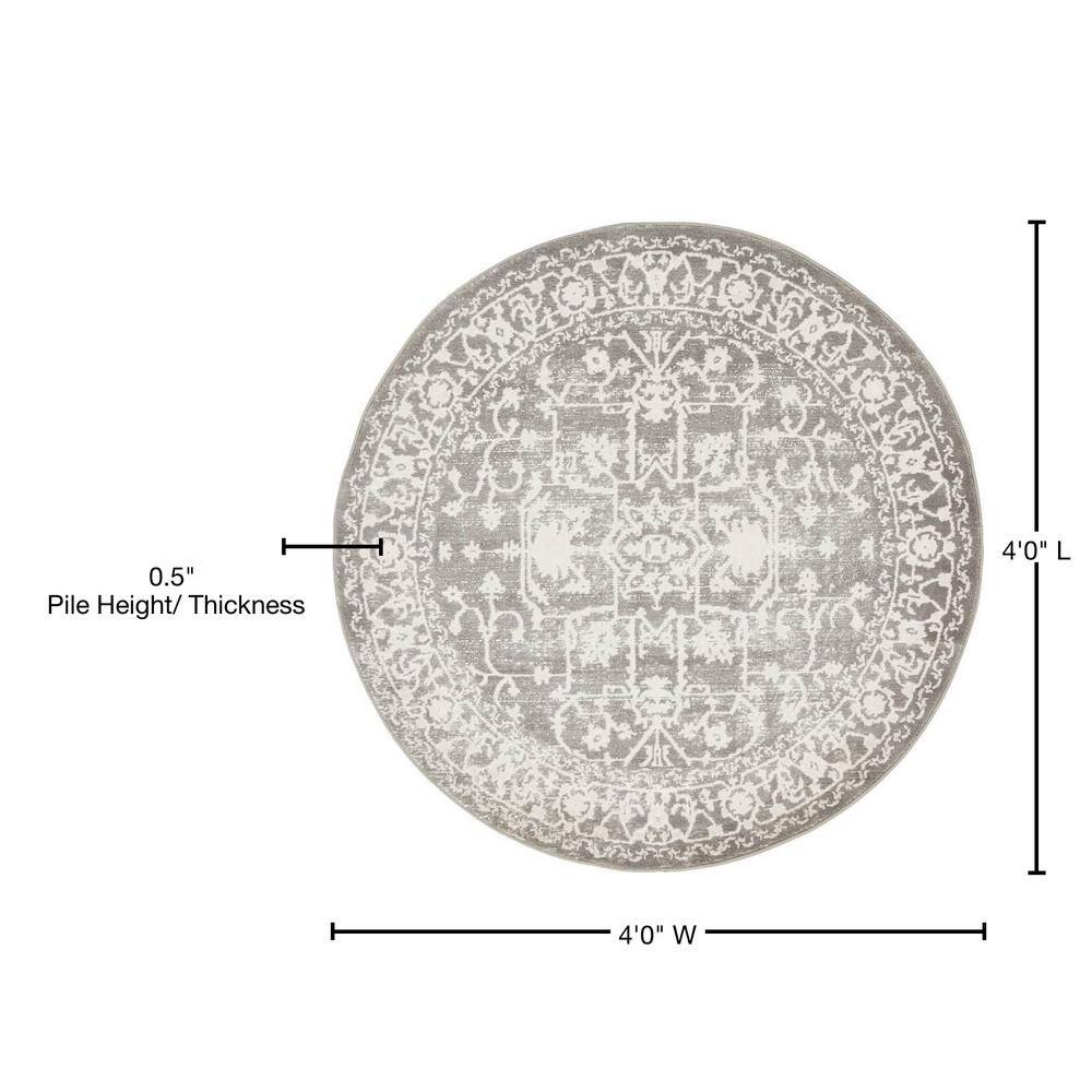 Light Gray Round Abstract Stain-Resistant Synthetic Rug