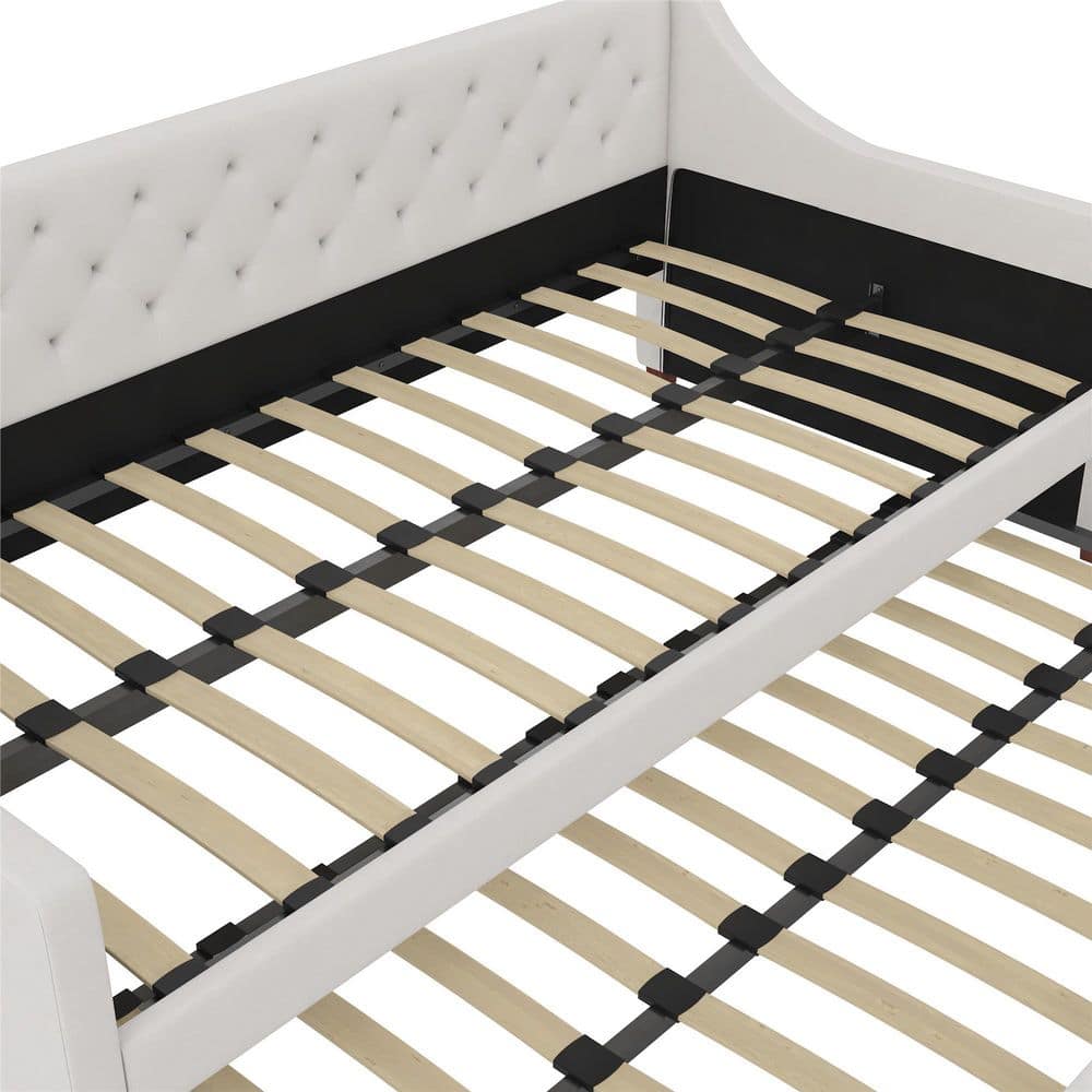Ivory Linen Twin Daybed with Trundle and Tufted Upholstery