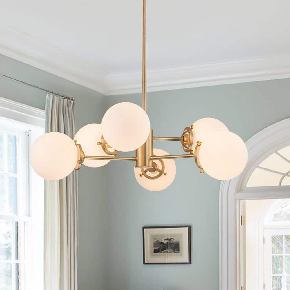 Lucie 6-Light Mid-Century Gold Sputnik Pendant Chandelier with Frosted Opal Glass Globes for Dining Room price history on PriceWatchPro