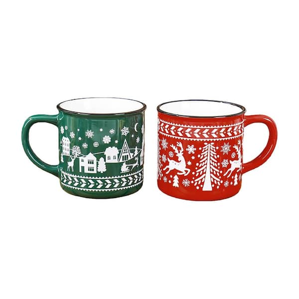 2 Pcs Red Green Ceramic Christmas Tree Snowflake Elk Christmas Coffee Mugs with Handle for Holiday Xmas Winter Party