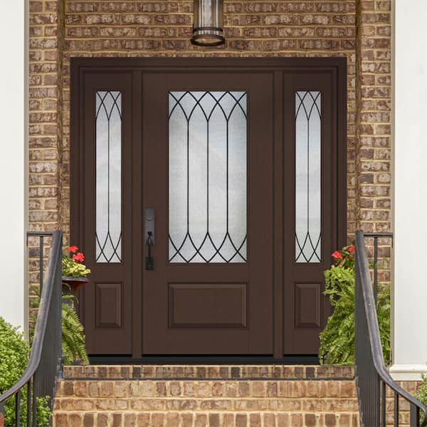 Regency 68 in. x 80 in. 3/4Lite Spire Decorative Glass RHIS Chestnut Mahogany Fiberglass Prehung Front Door w/Dbl 14inSL