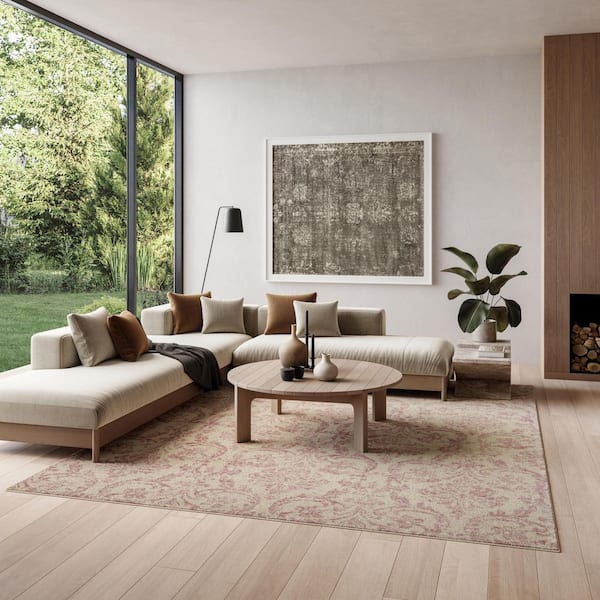 Jubilant Ivory/Pink 7 ft. x 10 ft. Damask Transitional Area Rug