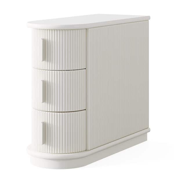 BYBLIGHT Kerlin 23.62 in. White Solid Wood End Table, U-Shaped Side Table Cabinet, Side Table with 3-Drawer, Fully Assembled