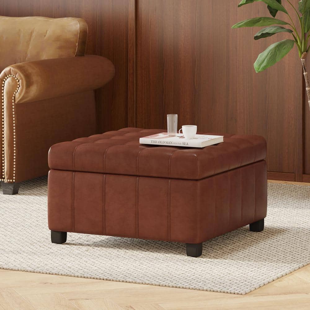 Rosalla Cognac Brown Faux Leather Tufted Storage Ottoman