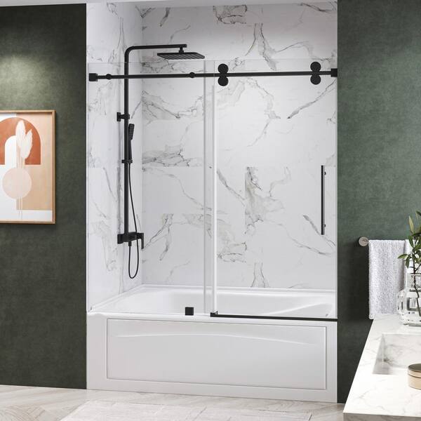 Kobiworks Radiance 60 in. W x 72 in. H Single Sliding Frameless Tub Door in Matte Black with 3/8 in. Clear Glass