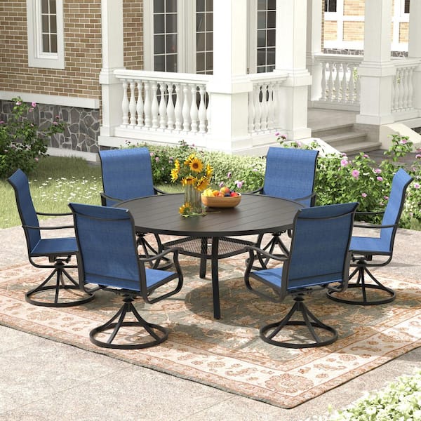 Tenleaf 7-Piece Metal Outdoor Dining Set with Storage Shelf, Walnut Tabletop, Umbrella Hole, Dark Blue Seats