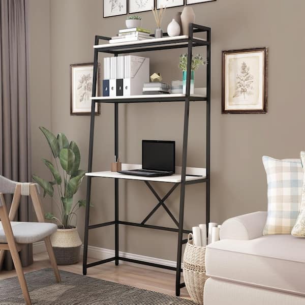 Sorvino 36 in. Matte Black Coating and Light Oak Writing Desk with Bookcase