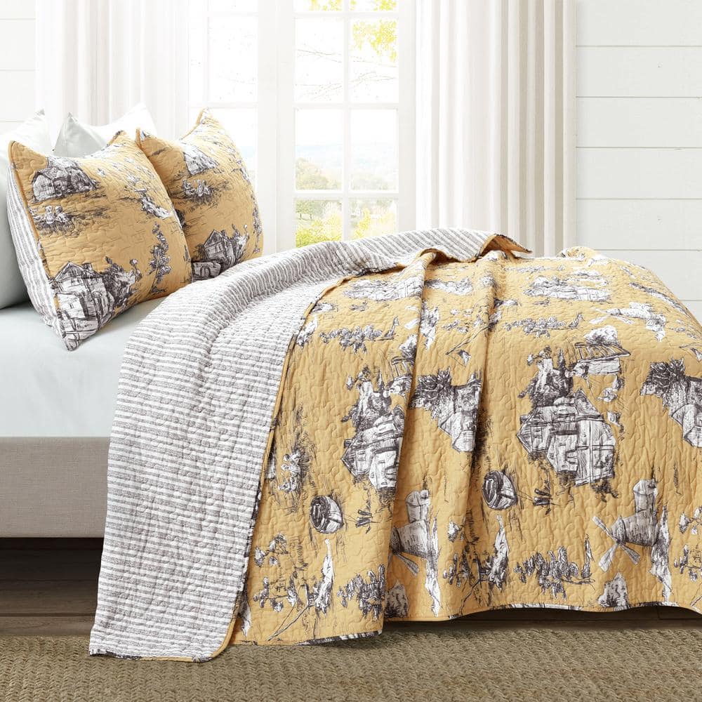 French Country Toile Yellow & White Cotton Full Quilt Set