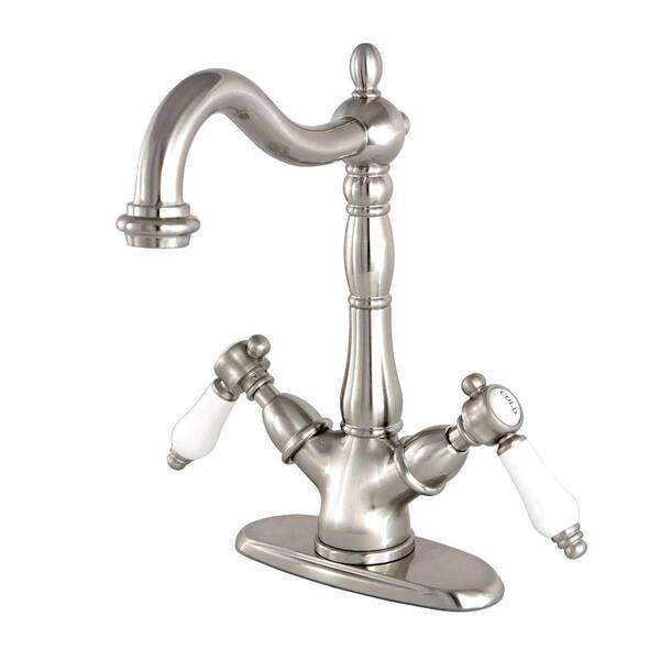 Kingston Brass Victorian Porcelain Single-Hole 2-Handle High-Arc Vessel Bathroom Faucet in Satin Nickel