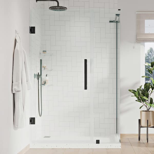 OVE Decors Tampa-Pro 43 7/8 in. W x 72 in. H Rectangular Pivot Frameless Corner Shower Enclosure in Black with Shelves