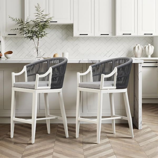 Modern Boho Metal Counter Height Rattan Outdoor Bar Stool Chairs with Ergonomic Armrest and Cushion, White(2 Pack)