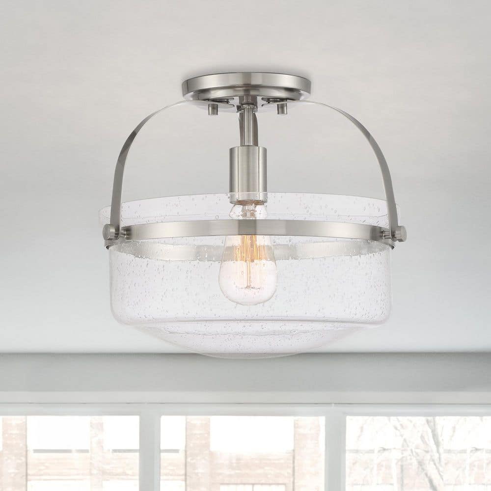 Jaxon 13.25 in. 1-Light Brushed Nickel Industrial Entryway Semi-Flush Mount with Clear Seedy Glass Shade price history on PriceWatchPro