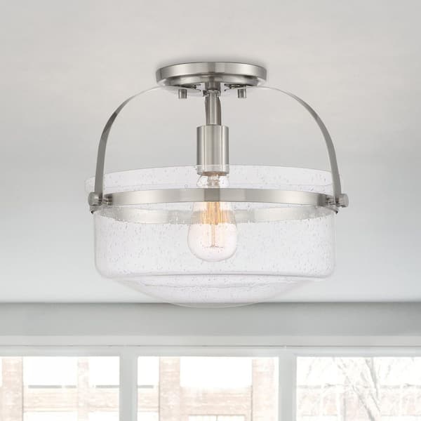 Designers Fountain Jaxon 13.25 in. 1-Light Brushed Nickel Industrial Entryway Semi-Flush Mount with Clear Seedy Glass Shade