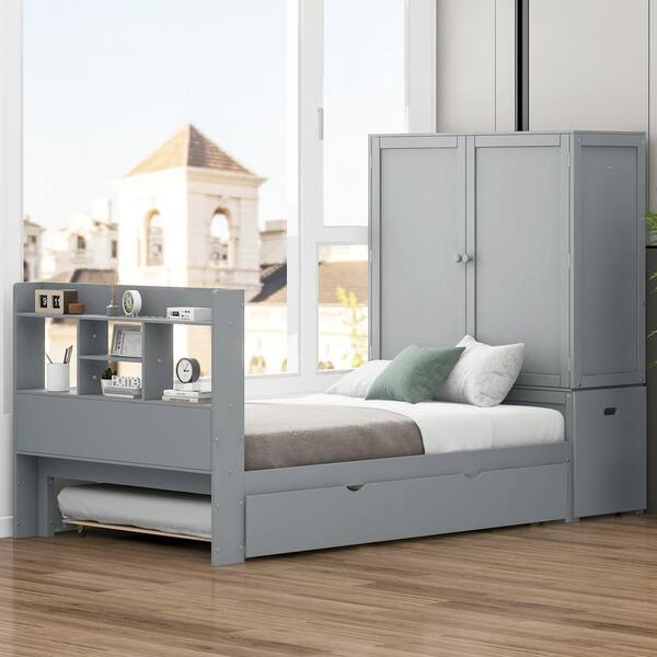 Qualler Gray Wood Frame Twin Platform Bed with Twin Trundle, Movable ...