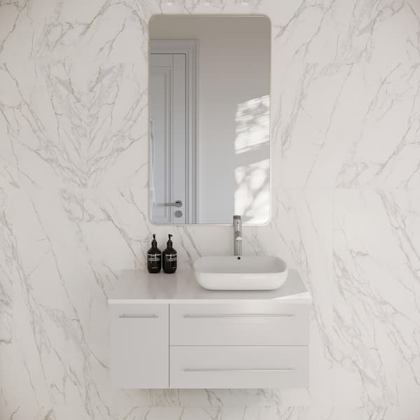 Lucera 36 in. Single Sink Wall Mount White Bath Vanity with White Quartz Top and Vessel Sink - Right Version