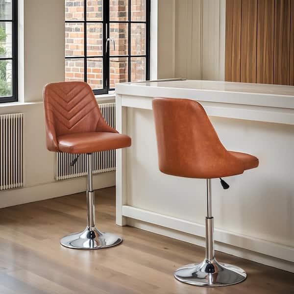 Modern 360° Swivel Bar Stool Height Adjustable Brown PU Leather Kitchen Counter Chair with Backrest