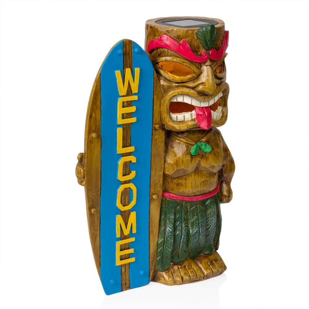 Solar Tiki Statue with Welcome Surfboard and LED Lights