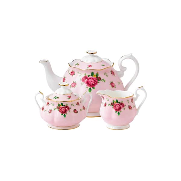 New Country Roses Pink Teapot, Sugar, Cream, 3 Piece Set