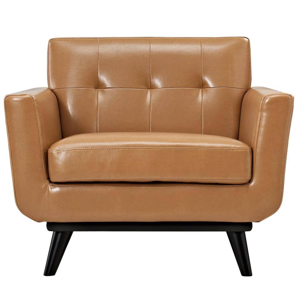 Mid-Century Tan Leather Accent Chair with Rubberwood Legs