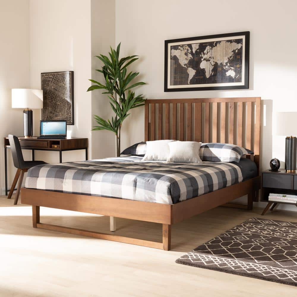 Walnut Brown Tufted Upholstered Full Wood Platform Bed