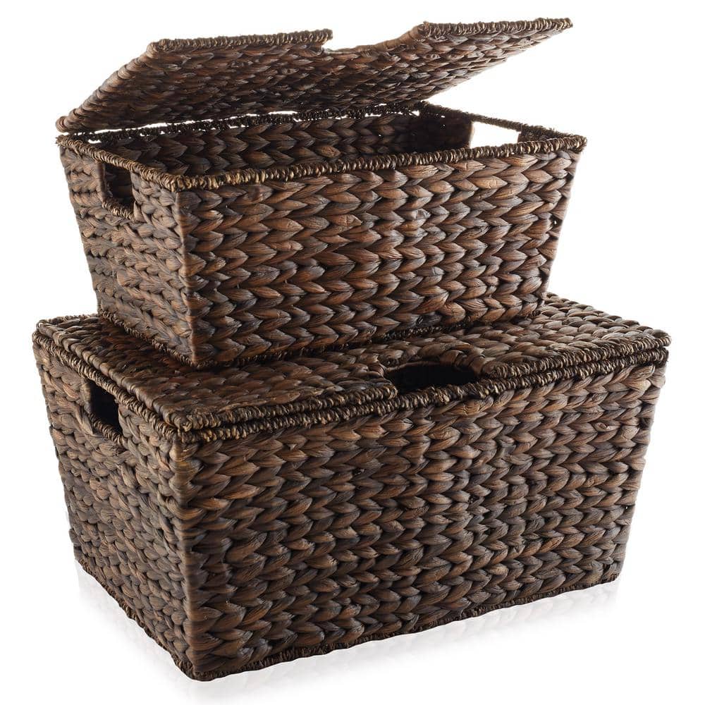 Set of 2 Dark Brown Water Hyacinth Storage Baskets with Lids