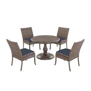 Windsor 5-Piece Brown Wicker Round Outdoor Patio Dining Set with CushionGuard Sky Blue Cushions