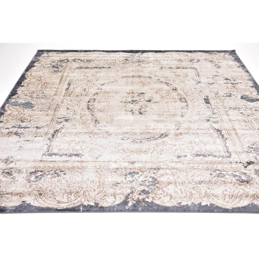 Ivory and Navy Blue Medallion Square Indoor Rug, 7' x 7', Easy Care