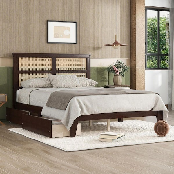 Espresso Brown Wood Frame Full Size Platform Bed with Rattan Headboard, Two Storage Drawers and Enhanced Support Feet