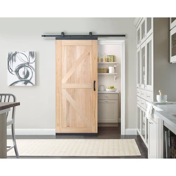 36 in. x 80 in. 4 Panel DesignGlide Farmhouse Unfinished Solid Wood Sliding Barn Door w/ Black Hardware Kit