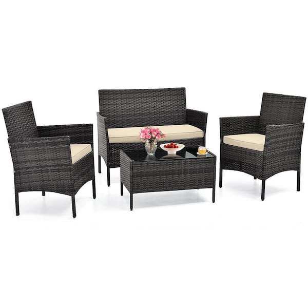 Costway 4-Piece Wicker Patio Conversation Set with Beige Cushions and Tempered Glass Coffee Table