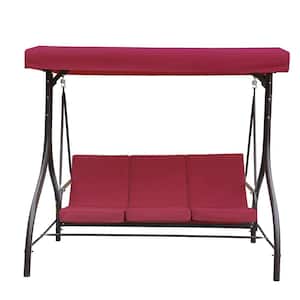 3-Person Metal Porch Swing with Removable Cushions with Adjustable Backrest in Wine Red