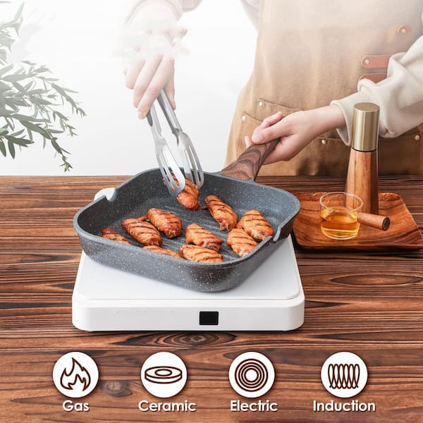 Wudkey 9.5 in. Gray Nonstick Ceramic Grill Pan, Square Grilling